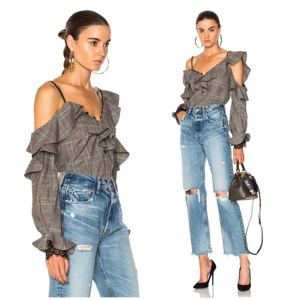 Self Portrait Off-The-Shoulder Plaid frill top